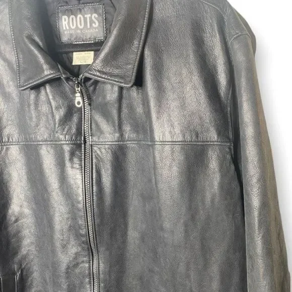 Roots “Richard” Leather Car Coat Vintage Black Treated size L Zip Front Y